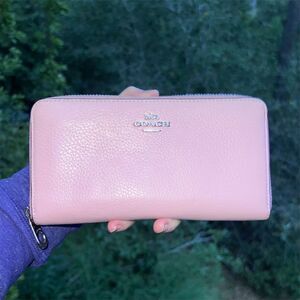 COACH Long Zip-Around Pink Pebble Leather Phone Wallet with Silver Hardware